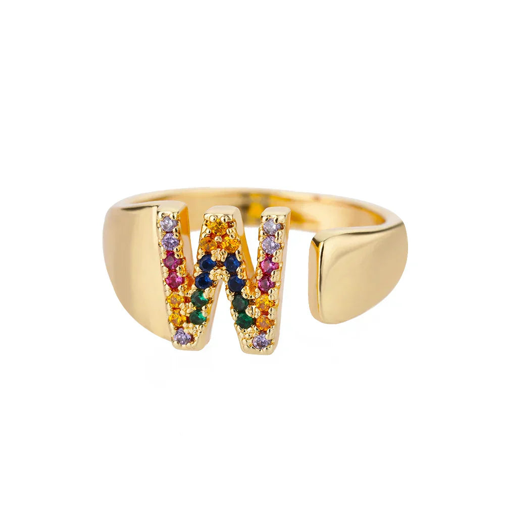 W - Anello in acciaio inossidabile dorato con iniziale