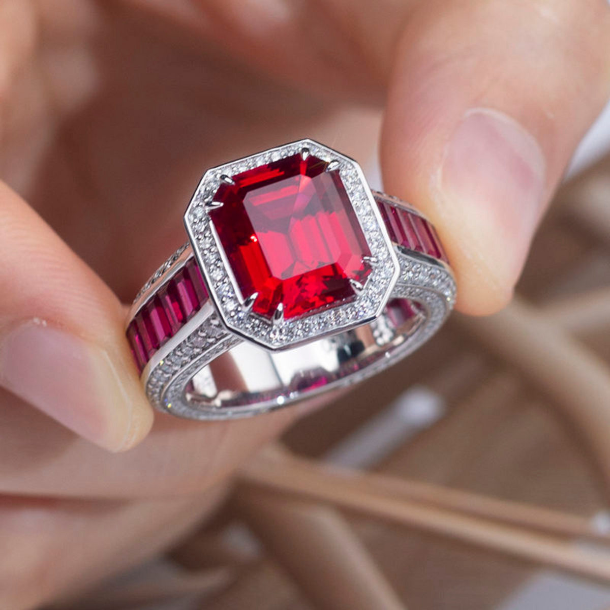 Miriam – Anello con rubino a forma di cuscino.