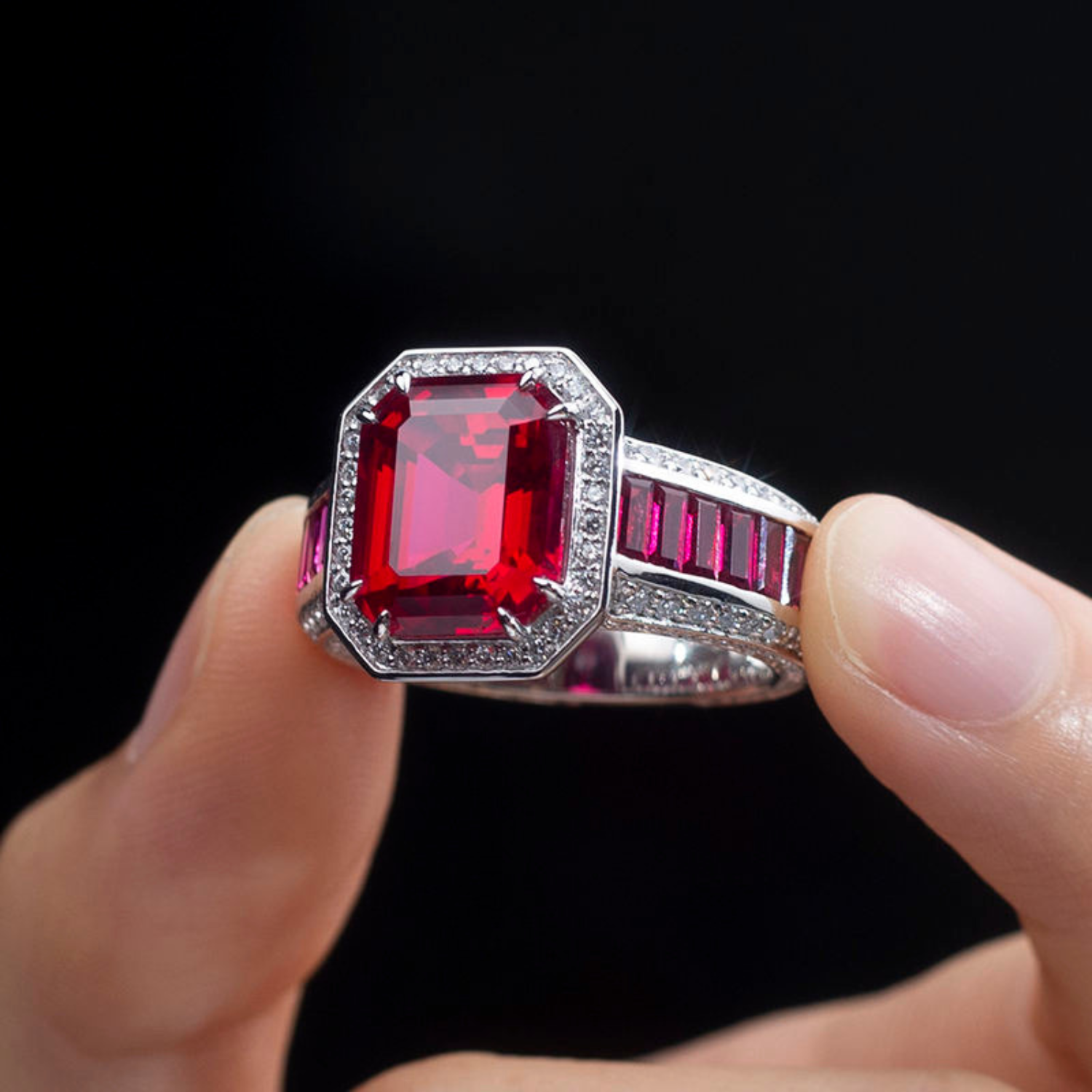 Miriam – Anello con rubino a forma di cuscino.