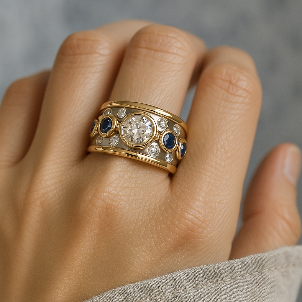 Barbora - Anello vintage in oro con intarsi e zirconi